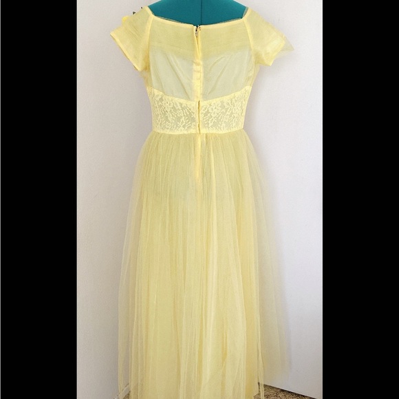 STUNNING YELLOW TULLE VINTAGE EMPIRE WAIST 1950’s FORMAL GOWN BALLGOWN - Picture 4 of 4